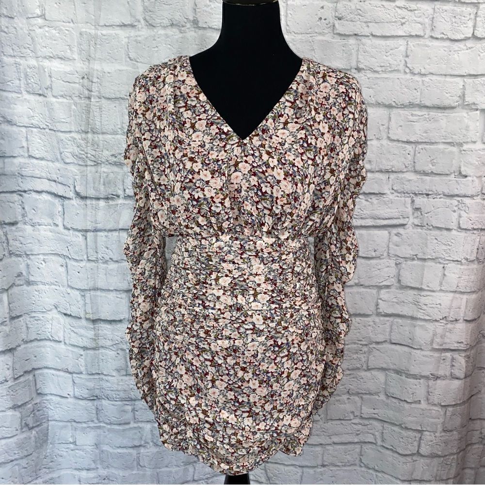 Free the roses ruched floral mini Longsleeve dress sz small women